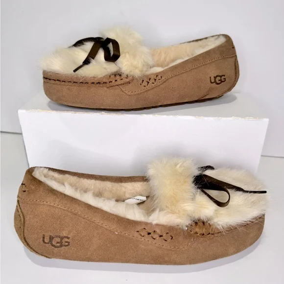 NEW UGG CHESTNUT Ansley Shaine FUR BOW TIE SUEDE SHEARLING LINED SLIPPERS